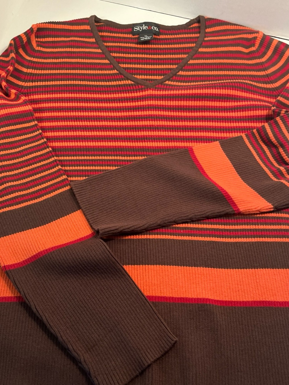 Style & Co. Scoop Neck Striped Sweater in Brown, Orange and Red